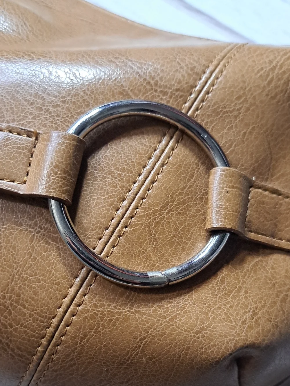 Women's Tan Hobo Shoulder Bag with Silver Ring Accents